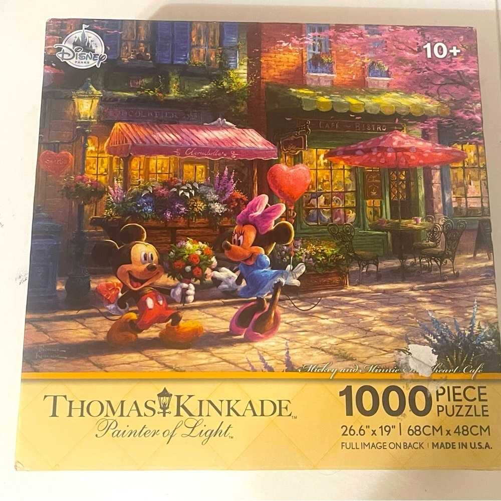 Disney Parks Kinkade Mickey Minnie Sweetheart Cafe 1000 piece Jigsaw Puzzle RARE